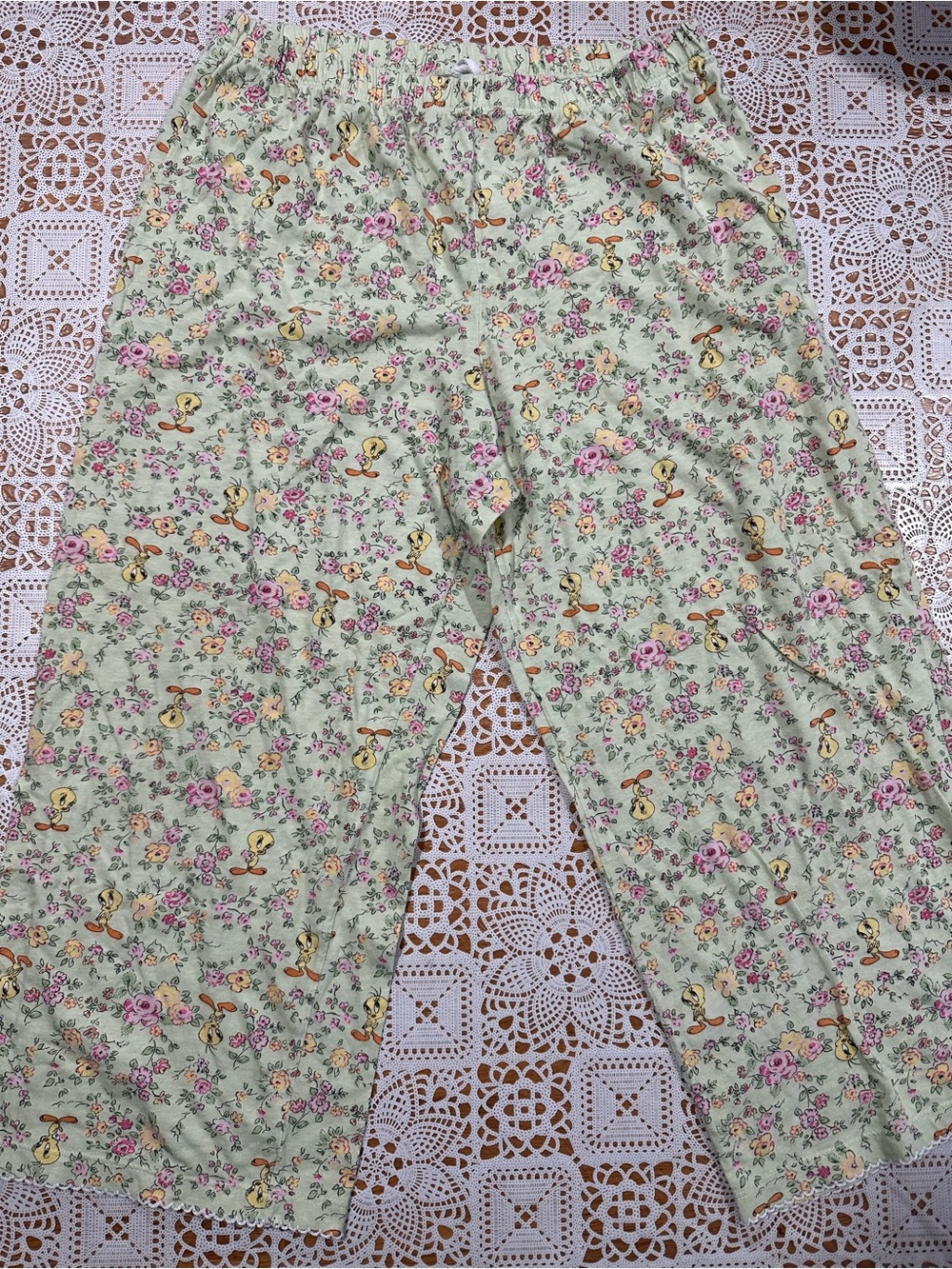 Tweety Bird Floral Lounge Pajama Pants Kids Size 12 Green Cotton Blend